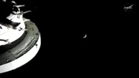 A live view shows an Earthrise after the Orion spacecraft emerged from behind the Moon during today’s Artemis II lunar flyby.